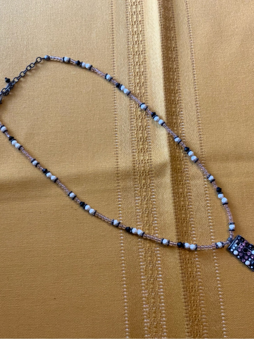 Beaded Crystal Pendant Necklace Black White Pink Rhinestone Bar Gunmetal 18"